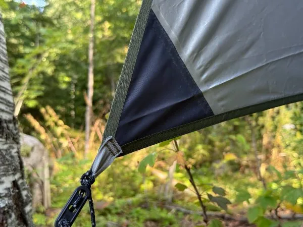 Close-up of the reinforced corner and tie-out point